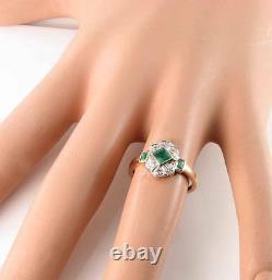 9k 9ct Rose Gold Colombian Emerald Diamond Art Deco Ins Bezel Set Ring Free Size