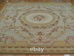 9x12 French Aubusson Area Rug Floral Beige Gold Pink Green Medallion wool