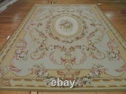 9x12 French Aubusson Area Rug Floral Beige Gold Pink Green Medallion wool