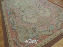 9x12 French Aubusson Area Rug Floral Beige Pink Blue Yellow Green Gray Medallion