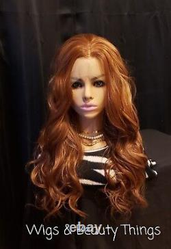 Auburn Red Ginger Wig HD Front Lace Human Hair Blend Highlights Wavy Curly