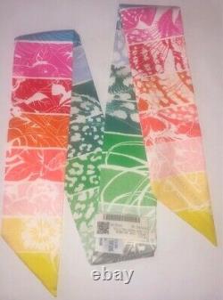Authentic Hermes Silk Twilly Scarf Jungle Love Rainbow NEW Green Pink Blue