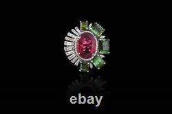 Awesome 4.30CT Pink & Green Tourmaline & Baguette CZ 925 SS Women's Wedding Ring