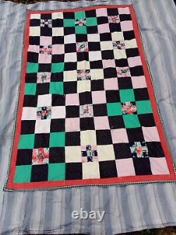 BRAND NEW Homemade Twin Quilt, Navy Pink Yellow Green Peach with Pillow, 70 x 44
