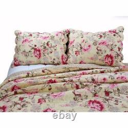 Beautiful Chic Cottage Shabby Pink Red Ivory Yellow Green Floral Rose Quilt Set