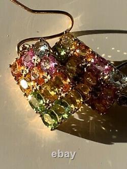 Beautiful Colours Yellow Pink Green Natural Sapphire, 9 Ct Solid Gold Earrings