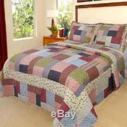 Beautiful Cottage Country Cabin Plaid Blue Ivory Green Pink Patchwork Quilt Set