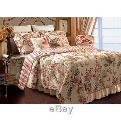 Beautiful Cozy Cottage Rose Floral Vintage Red Green Pink Ivory White Quilt Set