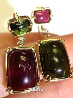 Beautiful Green Pink 17CT Tourmaline Diamond 14K Yellow Gold Drop Earrings
