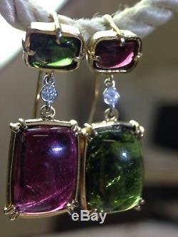 Beautiful Green Pink 17CT Tourmaline Diamond 14K Yellow Gold Drop Earrings