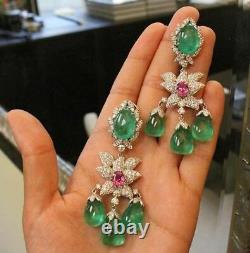 Beautiful Green cabochon drop Pink & White Floral Fine Dangle Earrings for Women