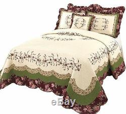 Beautiful Ivory Green Pink Rose Textured Oversize Vintage Bedspread Quilt King