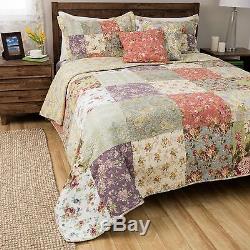 Beautiful Patchwork Chic White Pink Sage Green Rose Soft Cotton Quilt Set King