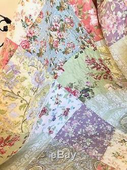 Beautiful Patchwork Country Vintage Ivory Pink Floral Rose Green Blue Quilt Set