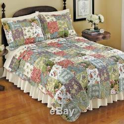 Beautiful Patchwork Sage Green Ivory Pink Blue Floral Quilt Bedspread Set King