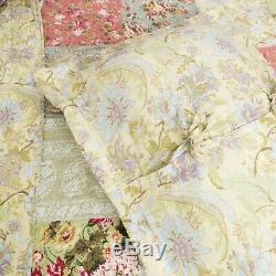 Beautiful Patchwork Sage Green Ivory Pink Blue Floral Quilt Bedspread Set King
