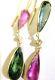 Beautiful Pink Green 6.8ct Tourmaline Diamond 14k Yellow Gold Long Drop Earrings