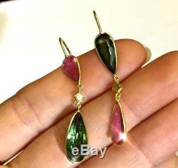 Beautiful Pink Green 6.8CT Tourmaline Diamond 14K Yellow Gold Long Drop Earrings