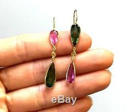 Beautiful Pink Green 6.8CT Tourmaline Diamond 14K Yellow Gold Long Drop Earrings