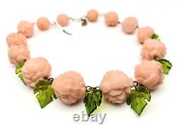 Beautiful Plastic Pink With Green Crystal Leaves Necklace By Michal Negrin