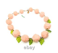 Beautiful Plastic Pink With Green Crystal Leaves Necklace By Michal Negrin