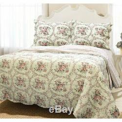 Beautiful Red Green Pink Blue Yellow Cream Rose Antique Vintage Floral Quilt Set