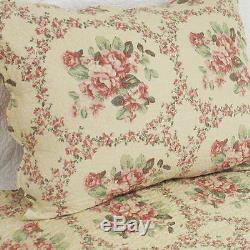 Beautiful Red Green Pink Blue Yellow Cream Rose Antique Vintage Floral Quilt Set