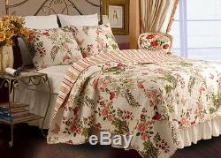 Beautiful Reversible Floral Antique Red Green Pink Ivory Rose Quilt Set King Sz