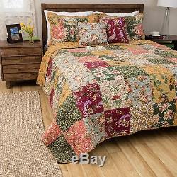 Beautiful Reversible Patchwork Red Blue Pink Green Rose Floral Quilt Set King