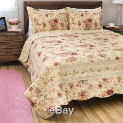 Beautiful Reversible Rose Flower Vintage Yellow Red Green Gold Pink Quilt Set