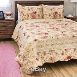 Beautiful Vintage Chic Antique Rose Yellow Red Green Gold Pink Cotton Quilt Set