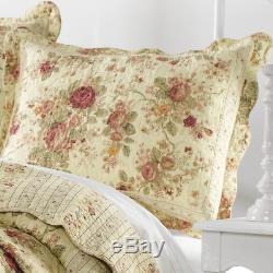 Beautiful Vintage Chic Cottage Ivory Yellow Gold Red Pink Green Rose Quilt Set
