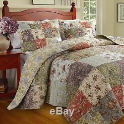 Beautiful XXL Cottage Country Green Pink Rose Patchwork Bedspread Quilt Set King