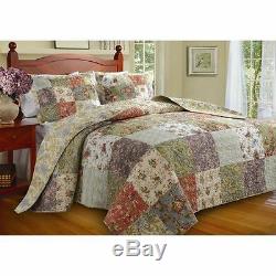 Beautiful XXL Cottage Country Green Pink Rose Patchwork Bedspread Quilt Set King