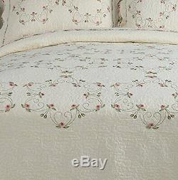 Beautiful XXL Ivory White Pink Red Rose Green Vine Vintage Soft Bedspread Quilt