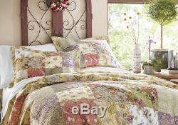 Beautiful XX Large Green Blue Pink Red Rose Ivory Patchwork Bedspread Quilt Set