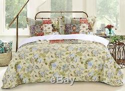 Beautiful XX Large Green Blue Pink Red Rose Ivory Patchwork Bedspread Quilt Set