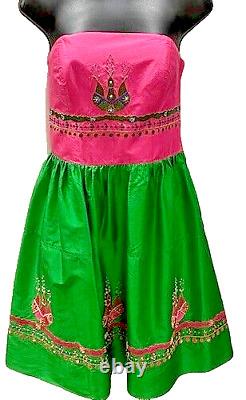 Betsey Johnson Pink Green Beaded w Applique Strapless Dress Size 8 NWOT