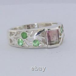 Bicolor Pink Green Tourmaline Green Tsavorite Garnet 925 Ring Size 7.5 Design 89