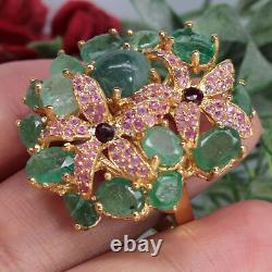 Big! Natural Pink Sapphire Green Emerald With Grandidierite Ring 925 Silver