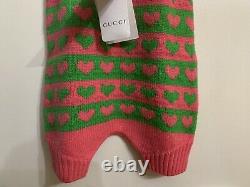 Bn Gucci Pink & Green Knitted Wool Heart Romper Dungarees Size 9-12 Months
