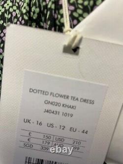 Bnwt Jigsaw Khaki Green & Pink Dotted Flower MIDI Tea Dress Size 16 Rrp £150