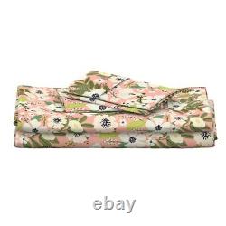 Botanical Flower Flowers Green Pink 100% Cotton Sateen Sheet Set by Roostery