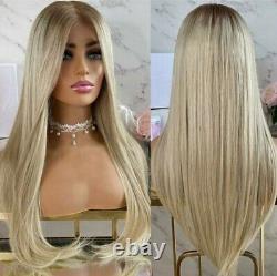 Brown Blonde Ombre Wig HD Front Lace Human Hair Blend Highlights Wavy Curly