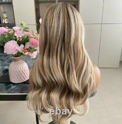 Brown Blonde Ombre Wig HD Front Lace Human Hair Blend Highlights Wavy Curly