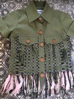 CHANEL 17C NEW Cuba Green Pink Fringed Jacket Wooded CC buttons FR34-36 $7.9 K