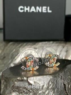 CHANEL Multicolor Earrings 19S Rainbow Crystal CC Stud Pink Green Blue Gold BNWT