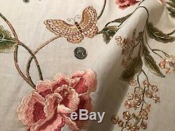 COLEFAX & FOWLER Oriental Poppy Pink Green Embroidered Linen Fabric F4111 BTY
