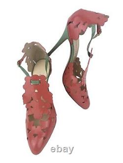 Camilla Elphick Leather Floral Cut Out Pink Green D'orsay Stiletto Heels 38/7.5