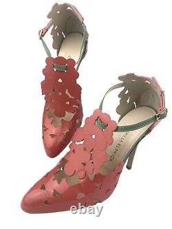 Camilla Elphick Leather Floral Cut Out Pink Green D'orsay Stiletto Heels 38/7.5